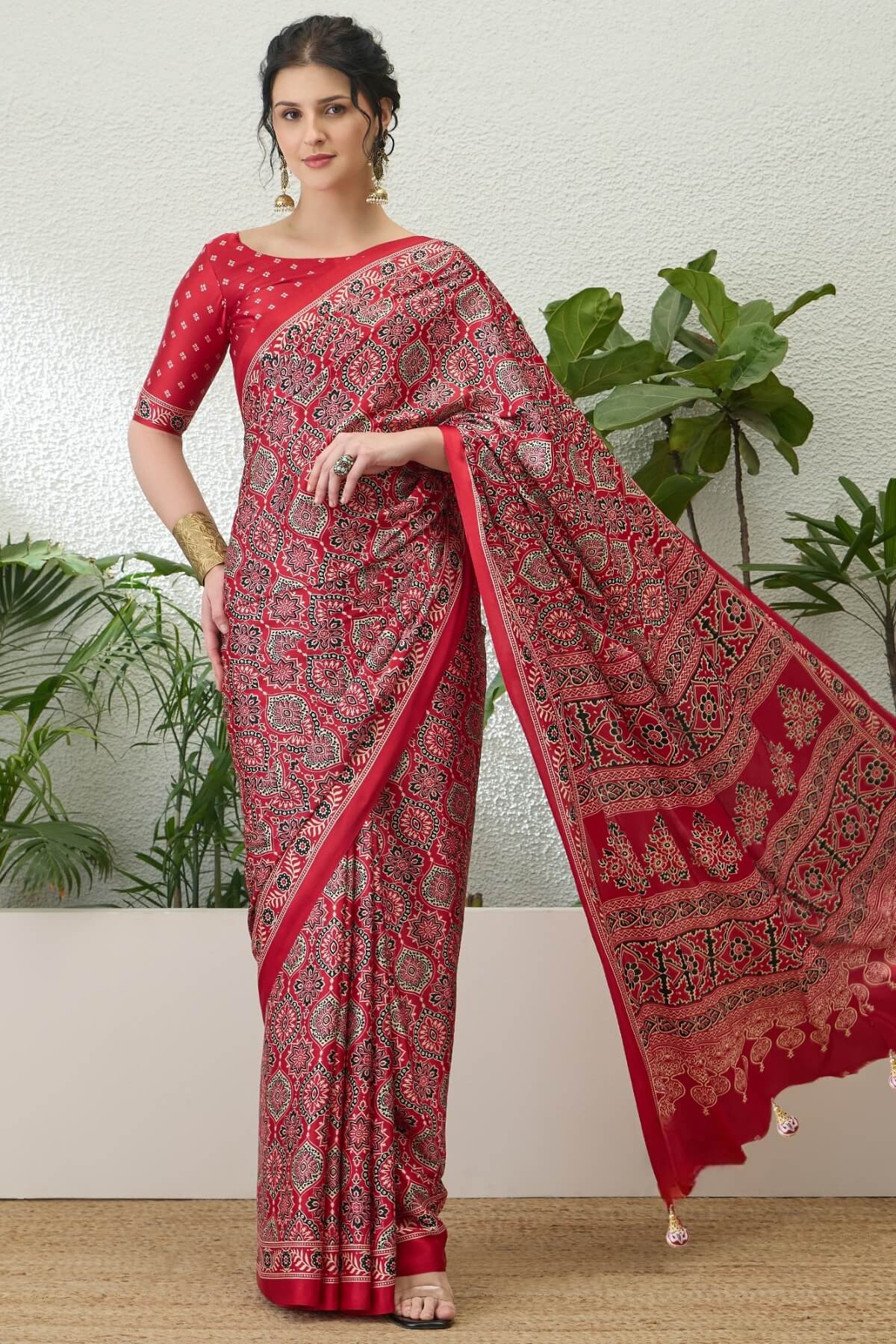 Exuberant Maroon Ajrakh Printed Semi Modal Silk Saree With Glittering Blouse Piece