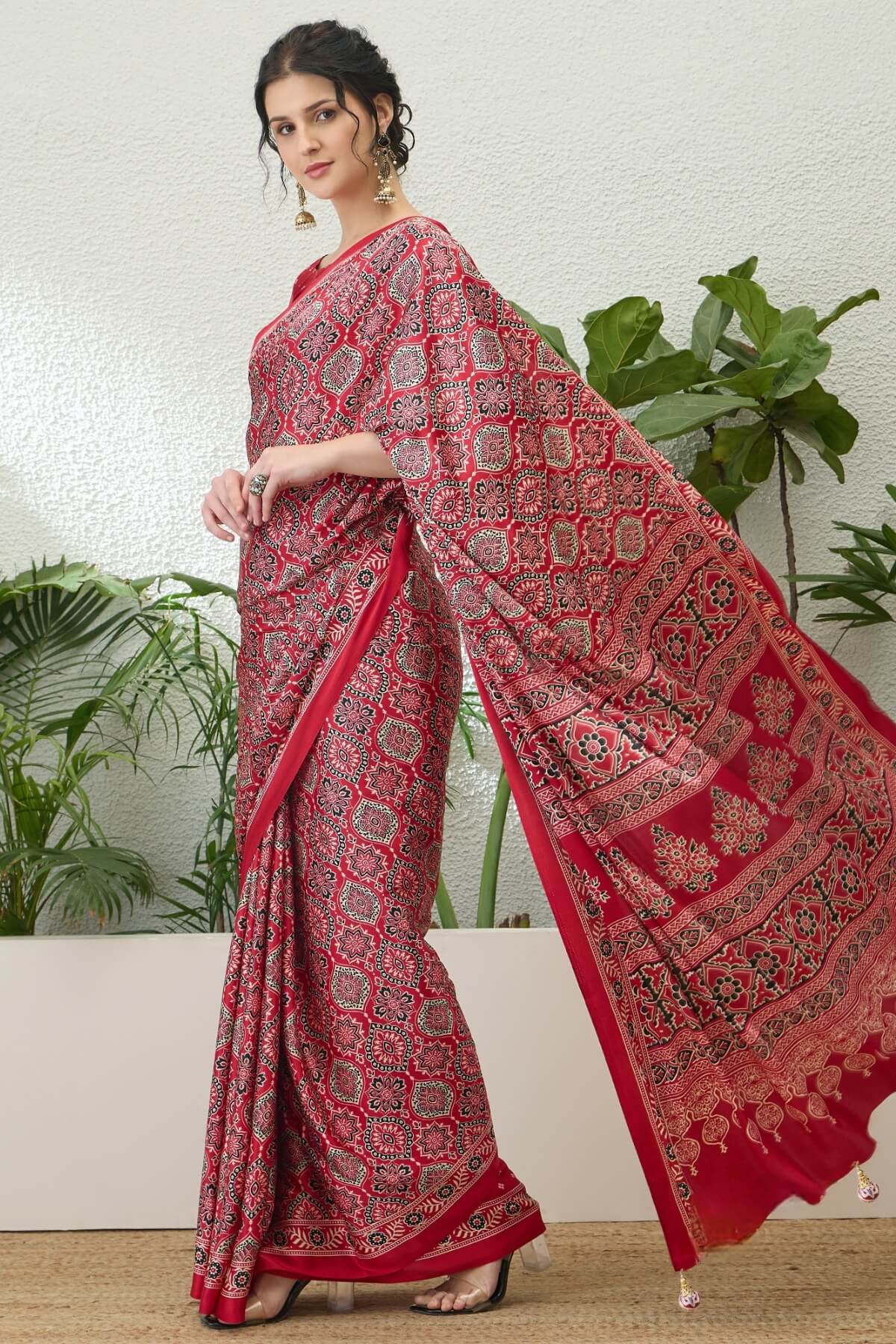 Exuberant Maroon Ajrakh Printed Semi Modal Silk Saree With Glittering Blouse Piece