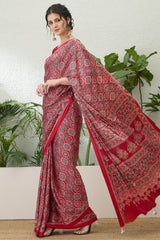 Exuberant Maroon Ajrakh Printed Semi Modal Silk Saree With Glittering Blouse Piece
