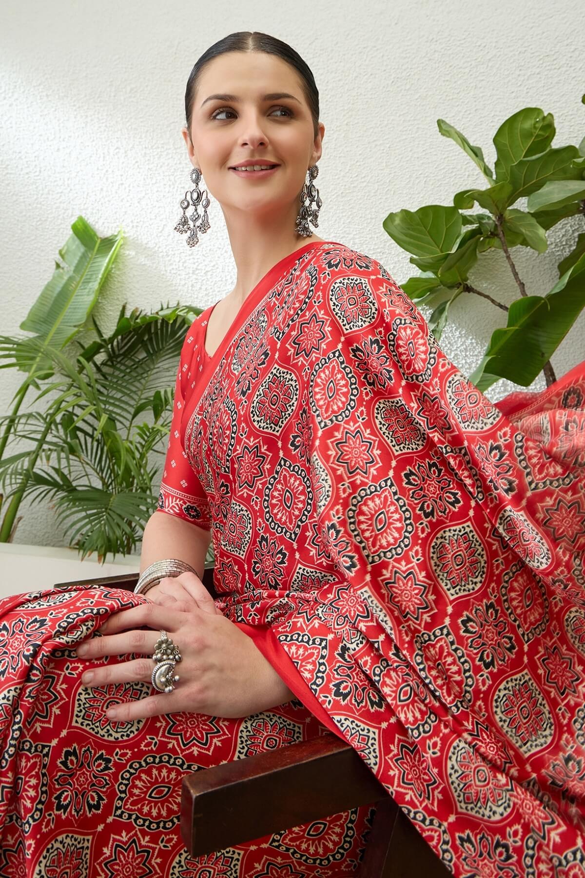 Exuberant Maroon Ajrakh Printed Semi Modal Silk Saree With Glittering Blouse Piece