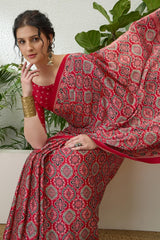 Exuberant Maroon Ajrakh Printed Semi Modal Silk Saree With Glittering Blouse Piece