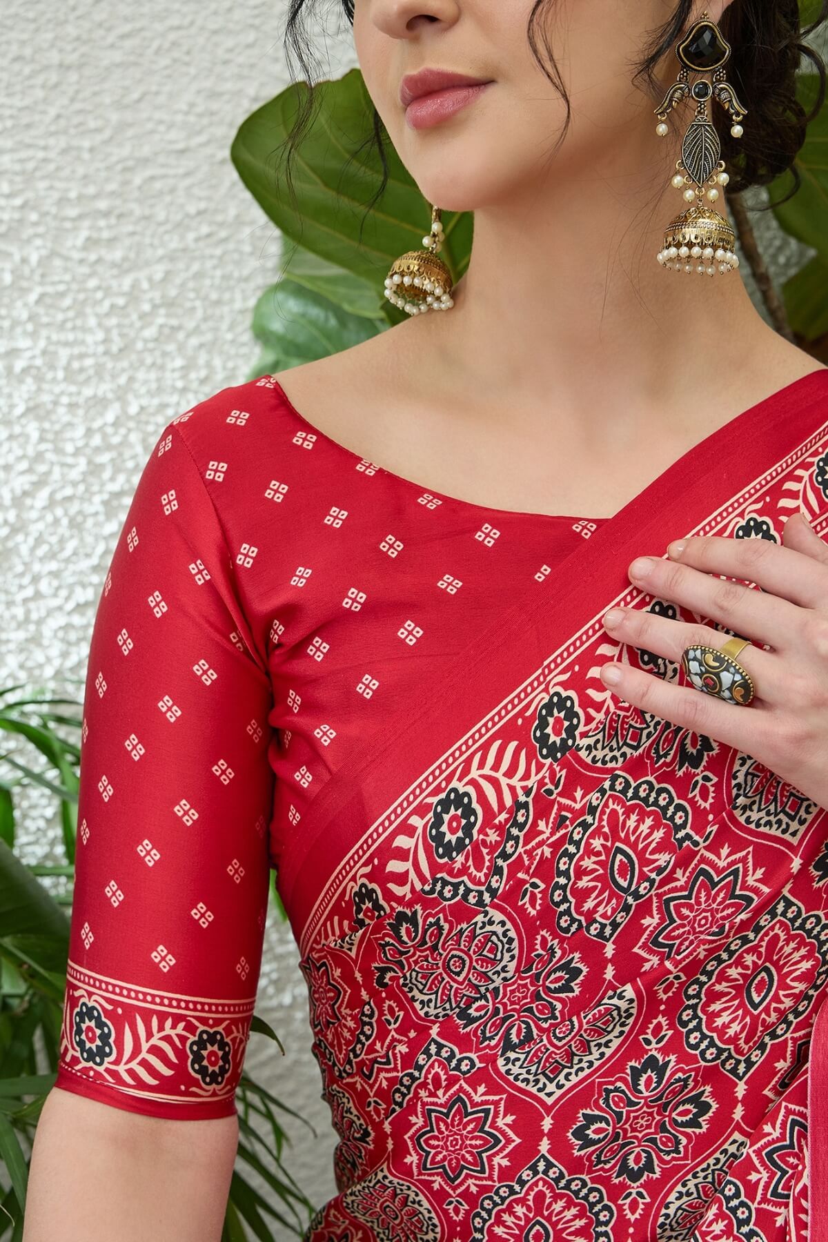 Exuberant Maroon Ajrakh Printed Semi Modal Silk Saree With Glittering Blouse Piece