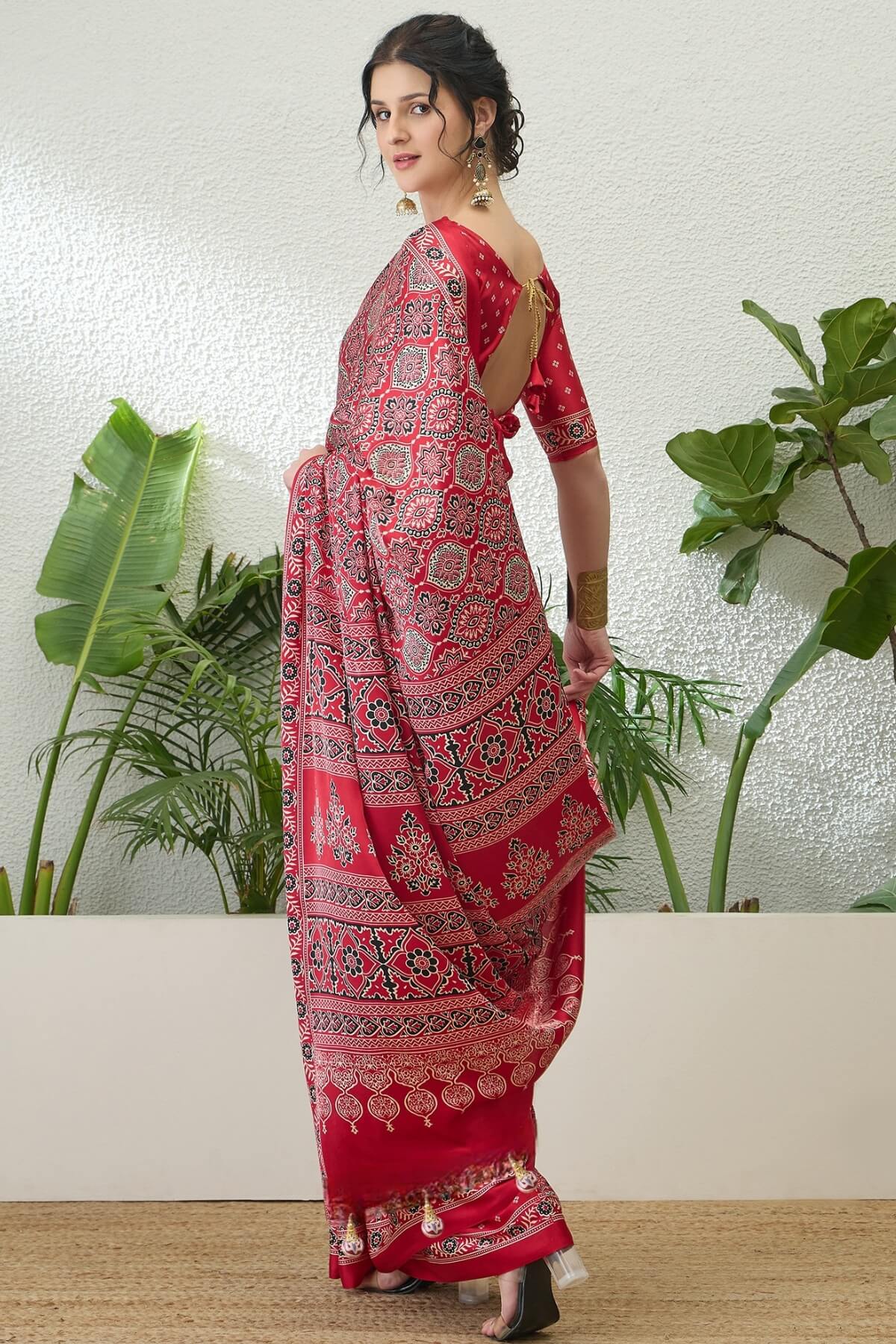 Exuberant Maroon Ajrakh Printed Semi Modal Silk Saree With Glittering Blouse Piece