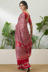 Exuberant Maroon Ajrakh Printed Semi Modal Silk Saree With Glittering Blouse Piece