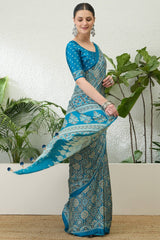Majesty Firozi Ajrakh Printed Semi Modal Silk Saree With Vestigial Blouse Piece