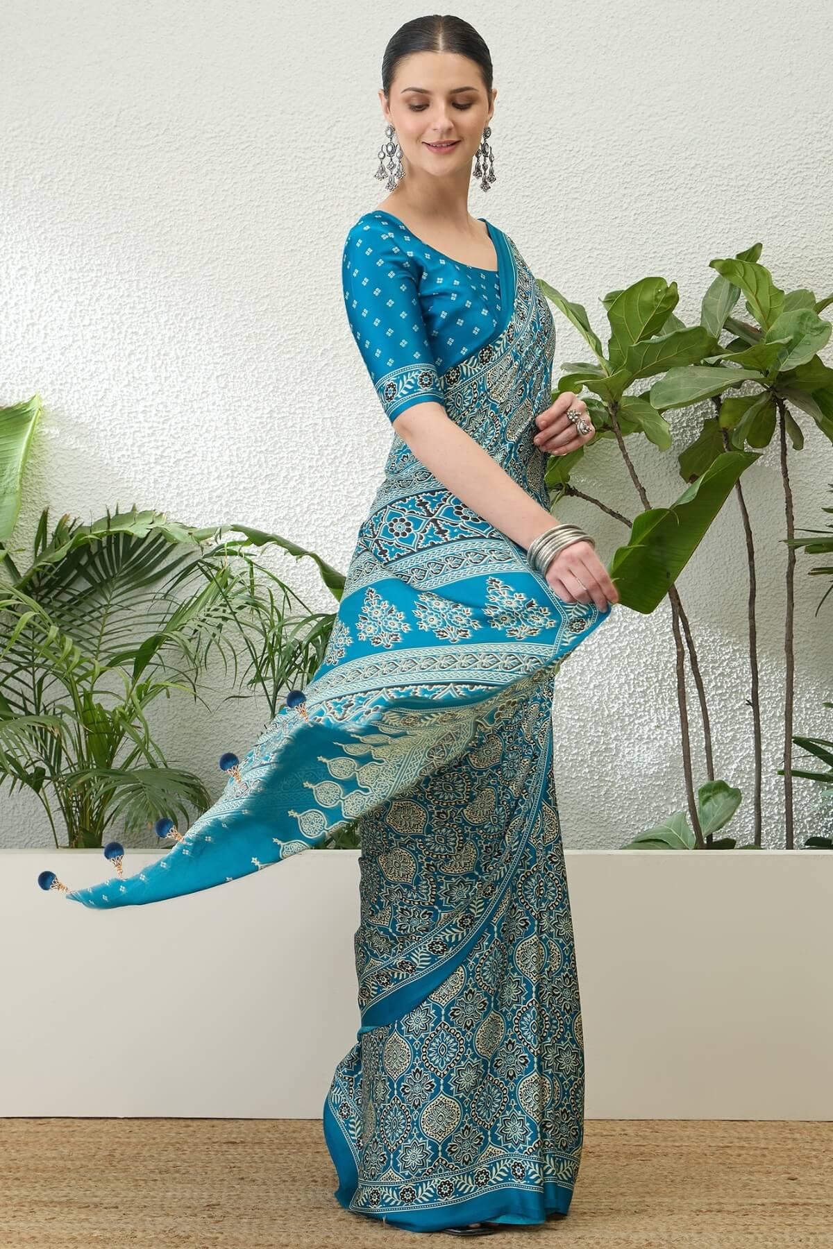 Majesty Firozi Ajrakh Printed Semi Modal Silk Saree With Vestigial Blouse Piece