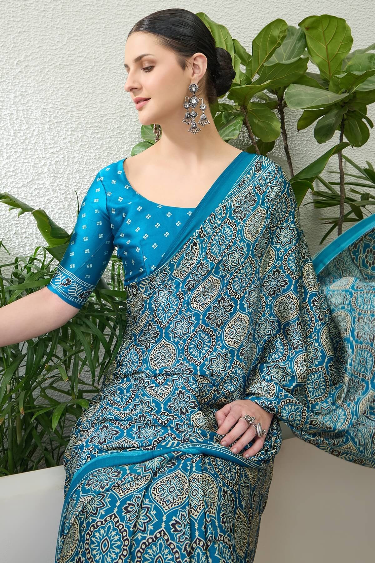 Majesty Firozi Ajrakh Printed Semi Modal Silk Saree With Vestigial Blouse Piece