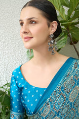 Majesty Firozi Ajrakh Printed Semi Modal Silk Saree With Vestigial Blouse Piece
