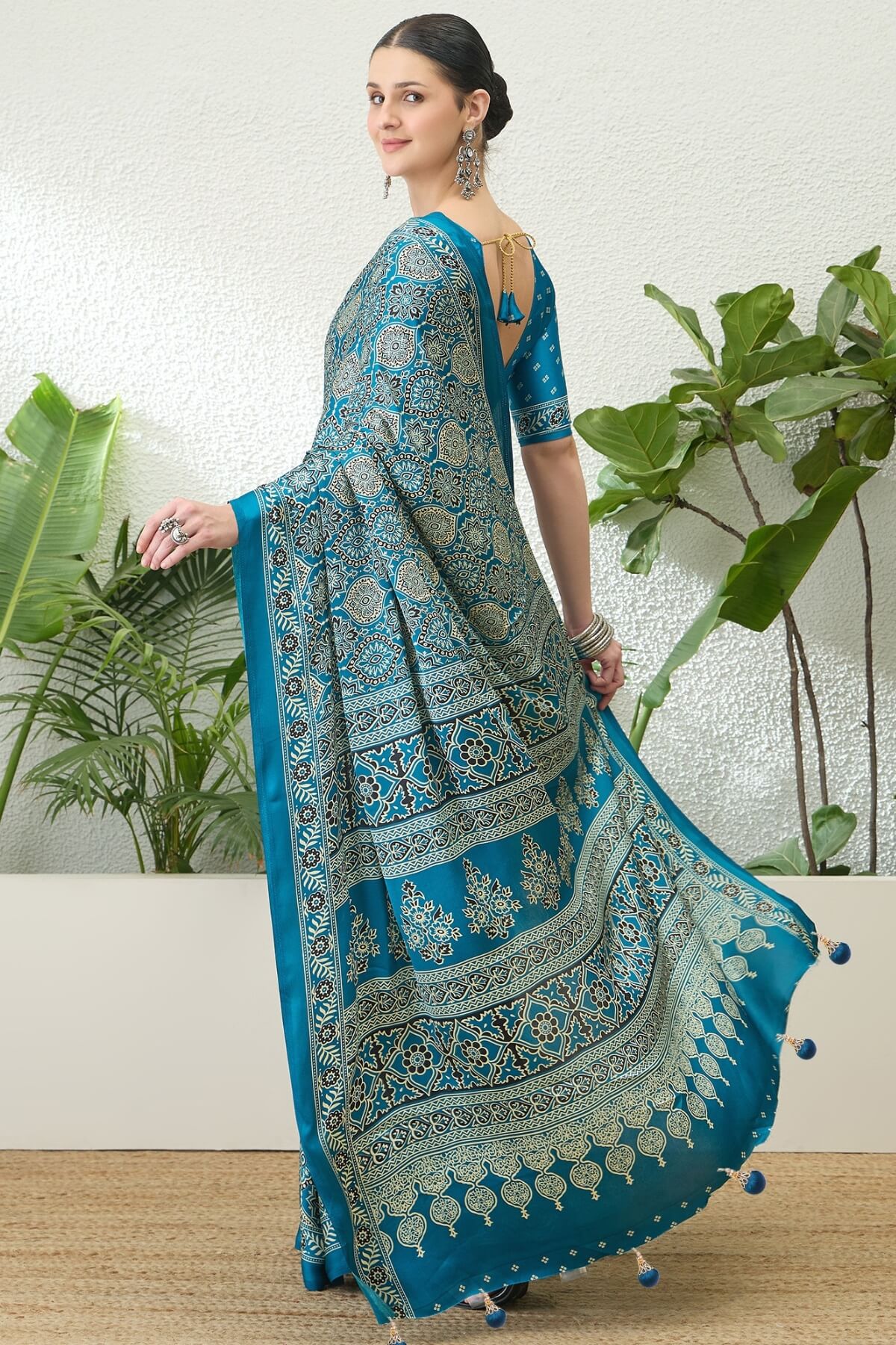 Majesty Firozi Ajrakh Printed Semi Modal Silk Saree With Vestigial Blouse Piece