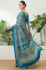 Majesty Firozi Ajrakh Printed Semi Modal Silk Saree With Vestigial Blouse Piece