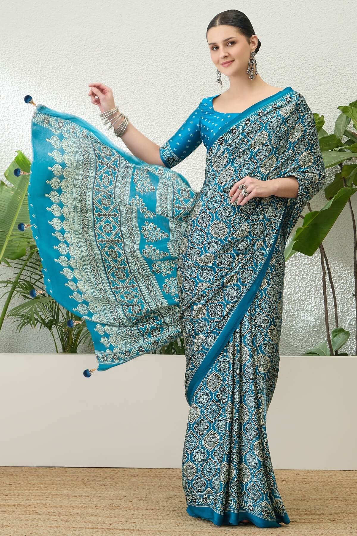 Majesty Firozi Ajrakh Printed Semi Modal Silk Saree With Vestigial Blouse Piece