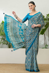 Majesty Firozi Ajrakh Printed Semi Modal Silk Saree With Vestigial Blouse Piece