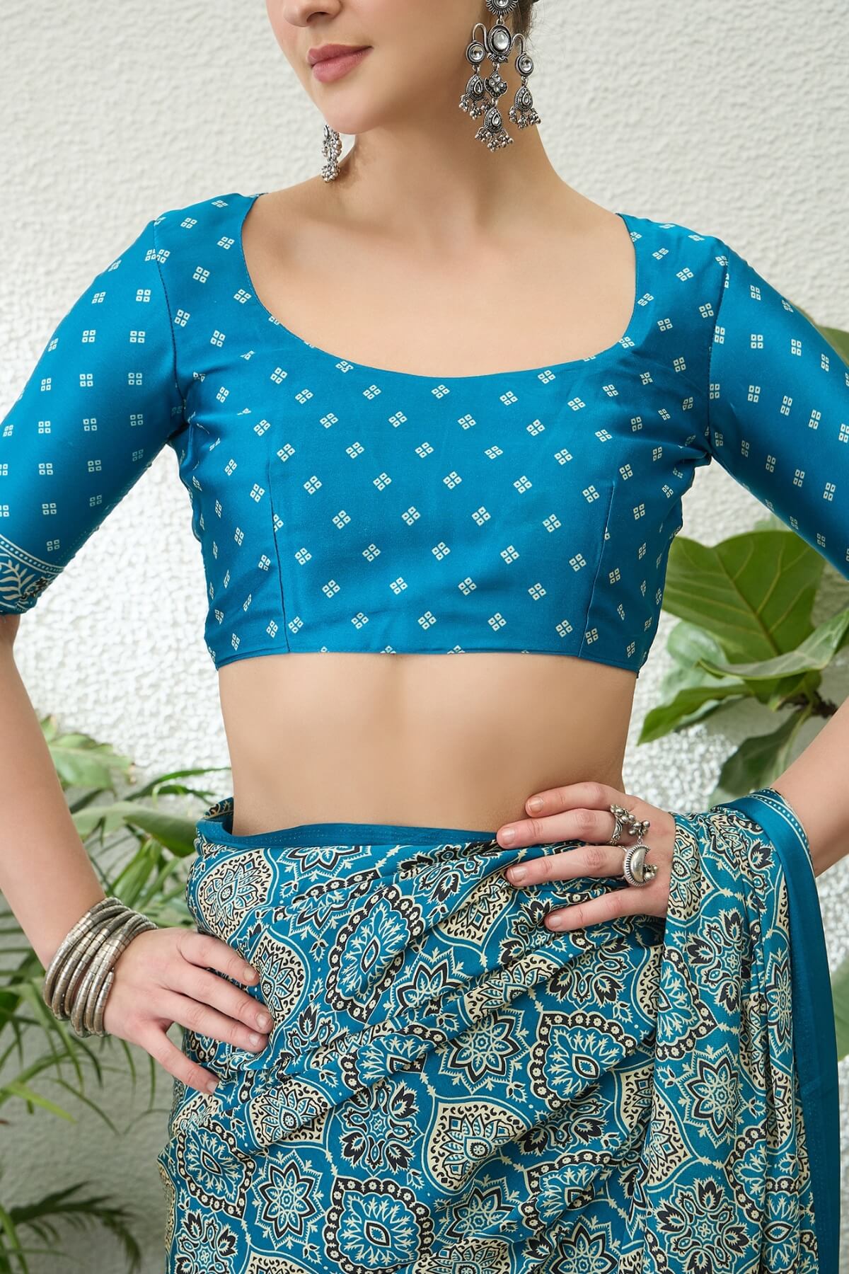 Majesty Firozi Ajrakh Printed Semi Modal Silk Saree With Vestigial Blouse Piece