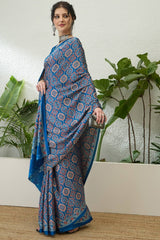 Exemplary Blue Ajrakh Printed Semi Modal Silk Saree With Pleasant Blouse Piece
