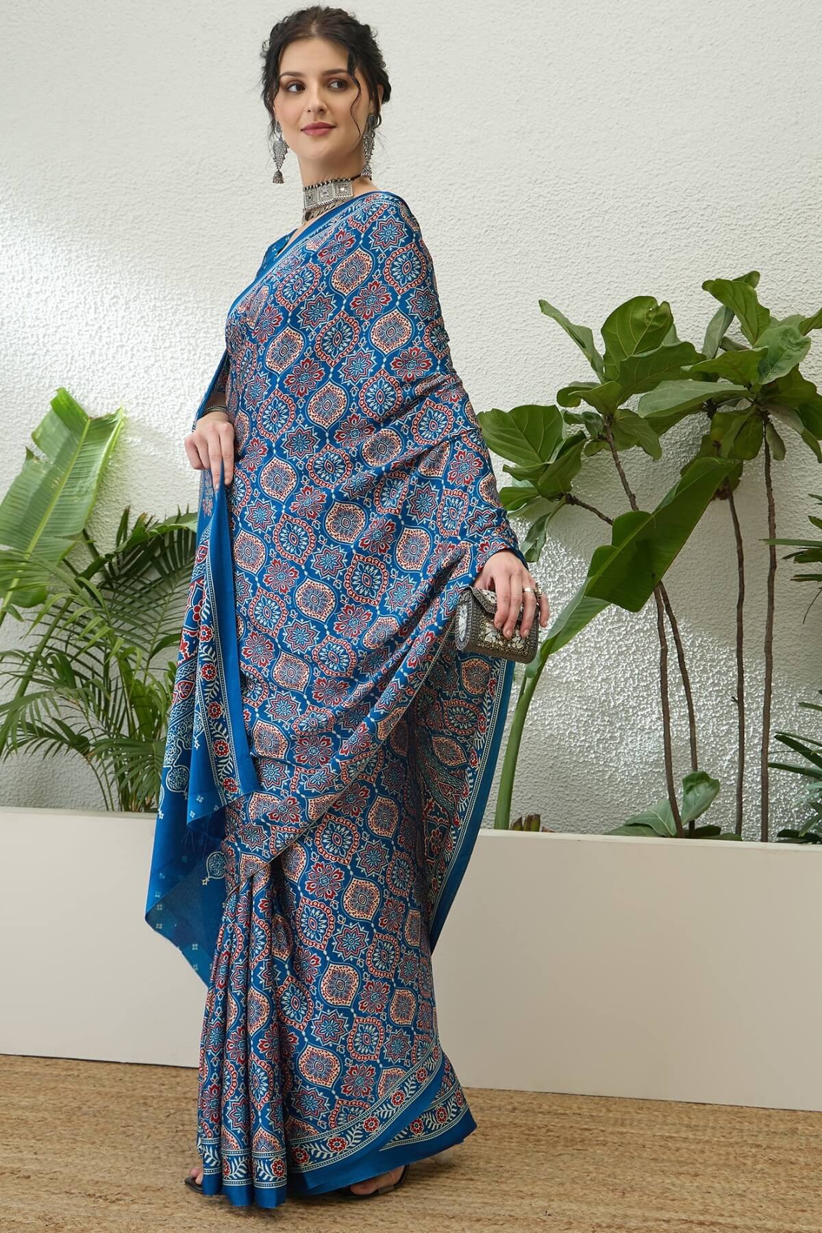 Exemplary Blue Ajrakh Printed Semi Modal Silk Saree With Pleasant Blouse Piece