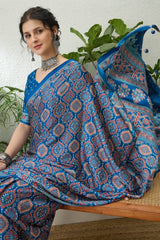 Exemplary Blue Ajrakh Printed Semi Modal Silk Saree With Pleasant Blouse Piece