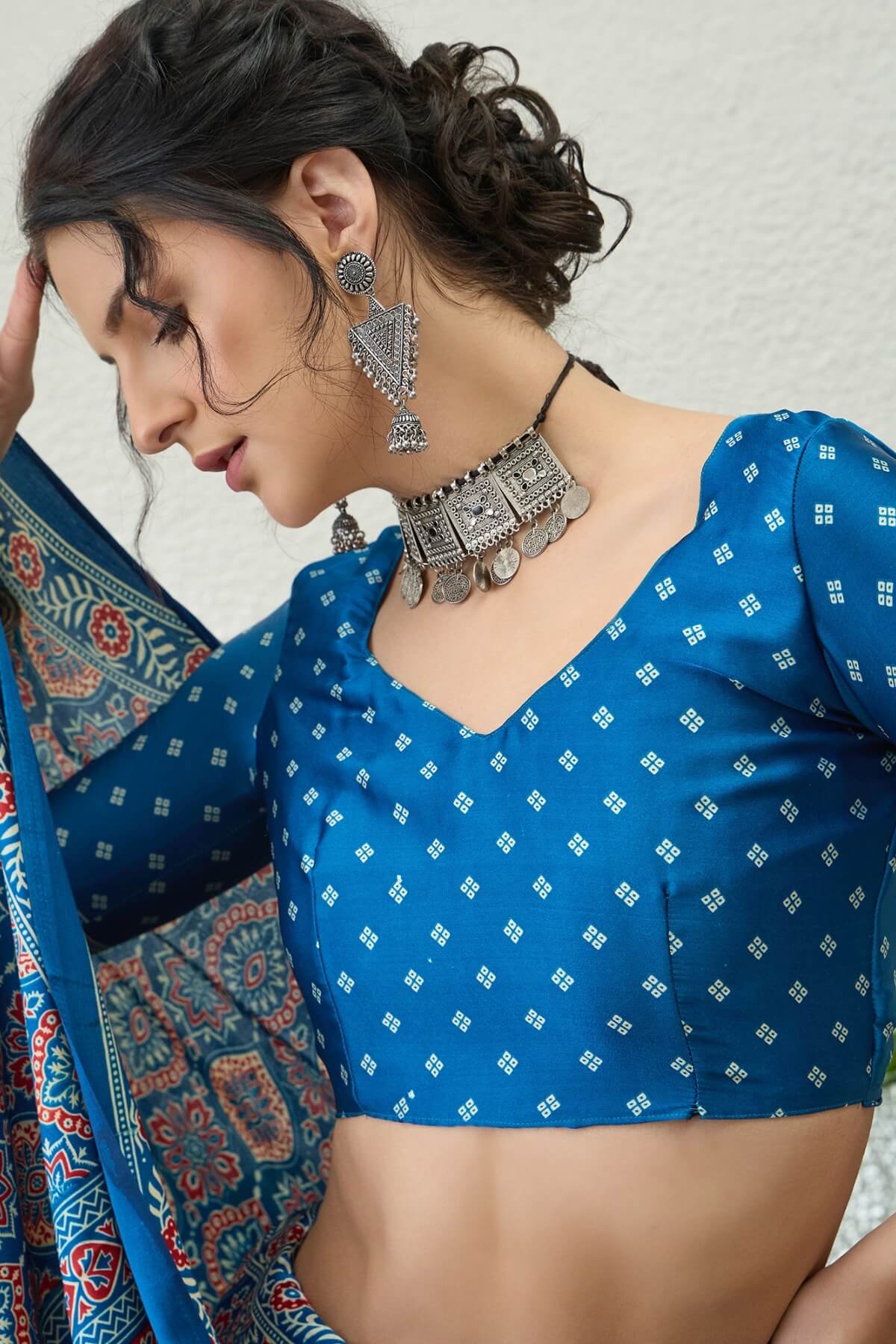 Exemplary Blue Ajrakh Printed Semi Modal Silk Saree With Pleasant Blouse Piece