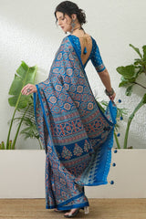 Exemplary Blue Ajrakh Printed Semi Modal Silk Saree With Pleasant Blouse Piece