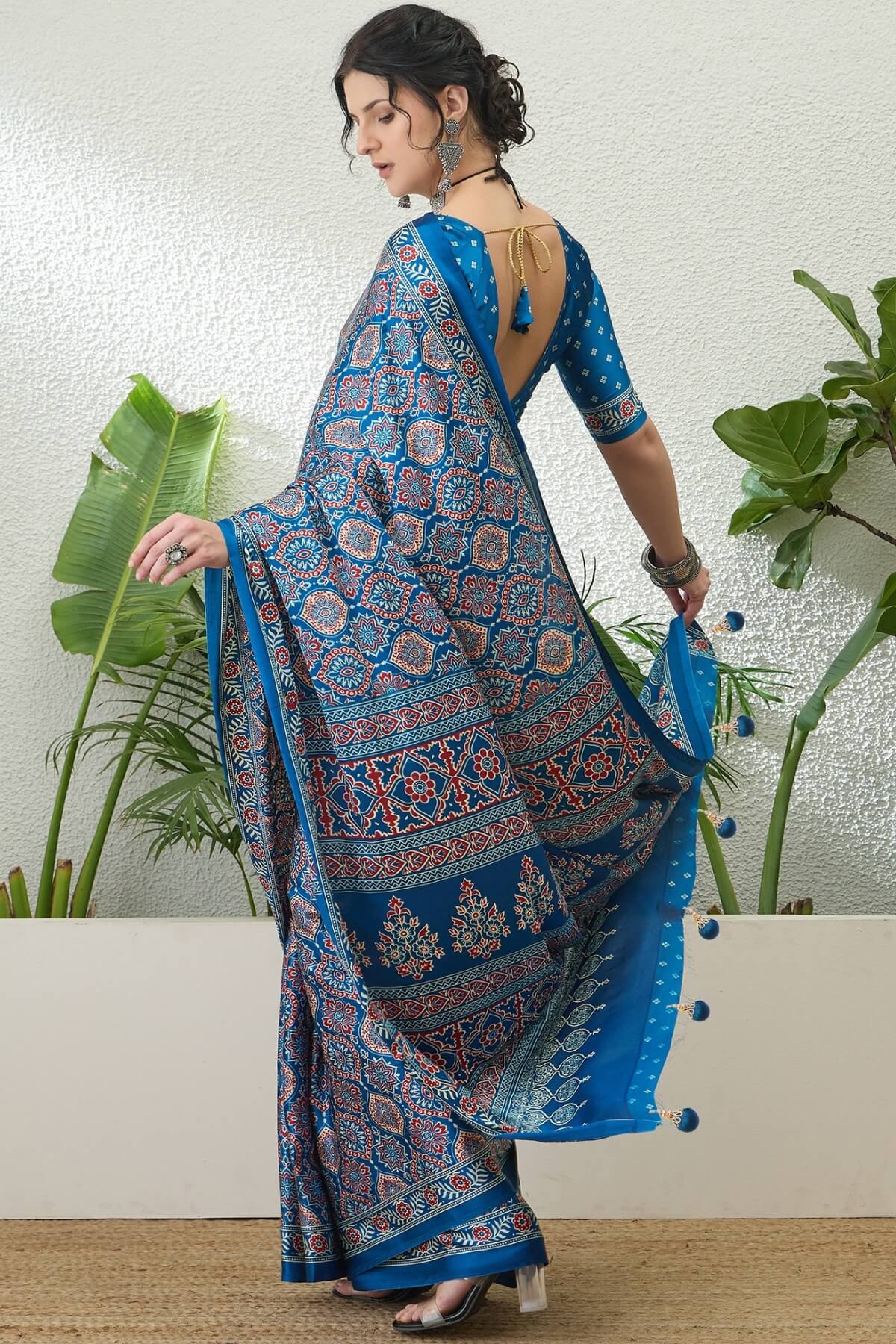Exemplary Blue Ajrakh Printed Semi Modal Silk Saree With Pleasant Blouse Piece