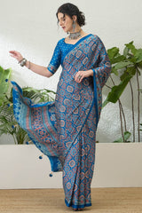 Exemplary Blue Ajrakh Printed Semi Modal Silk Saree With Pleasant Blouse Piece