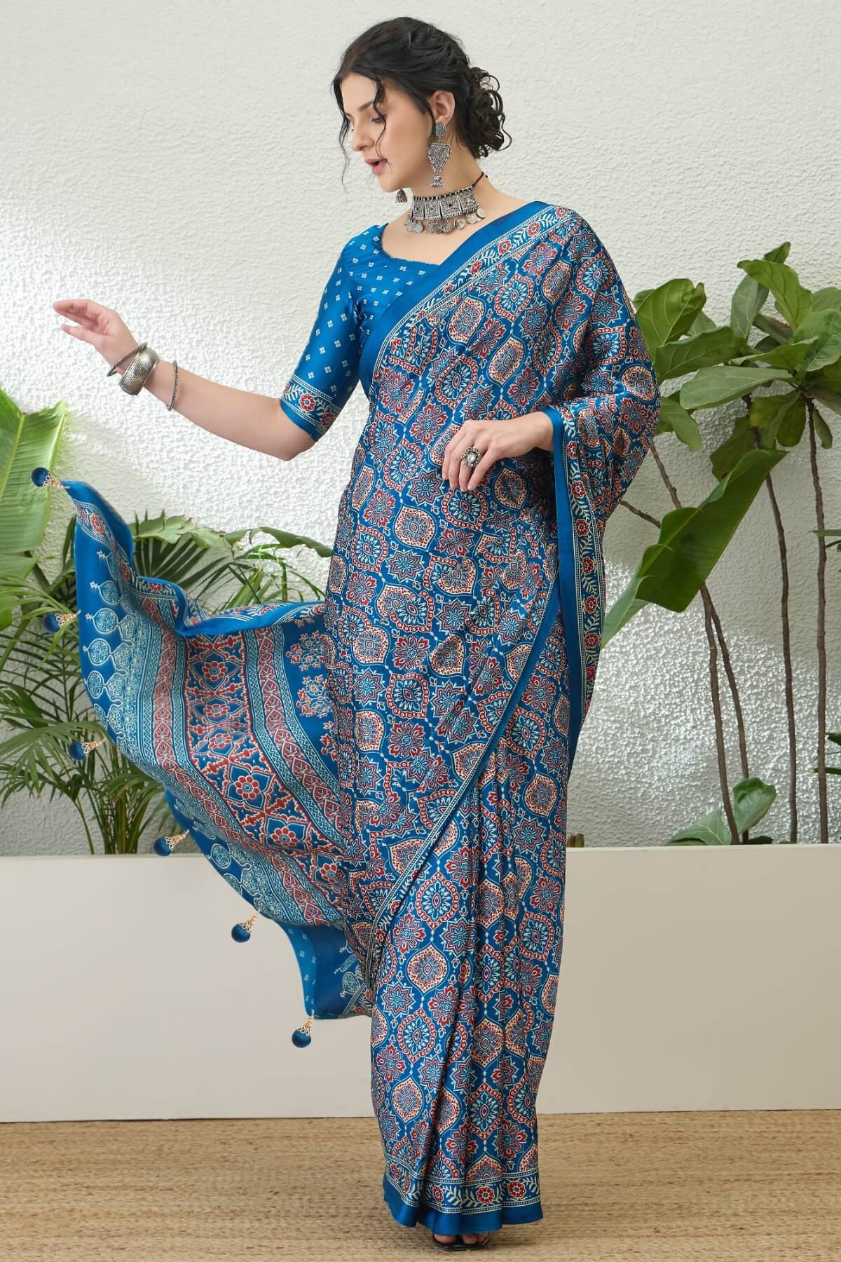 Exemplary Blue Ajrakh Printed Semi Modal Silk Saree With Pleasant Blouse Piece