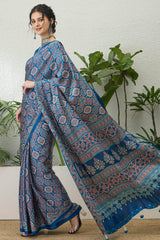 Exemplary Blue Ajrakh Printed Semi Modal Silk Saree With Pleasant Blouse Piece
