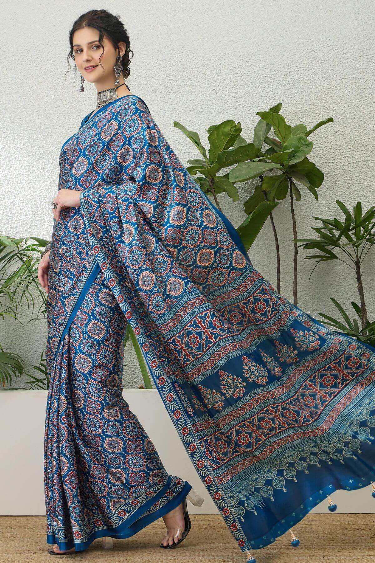 Exemplary Blue Ajrakh Printed Semi Modal Silk Saree With Pleasant Blouse Piece