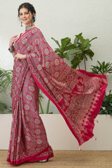 Snazzy Dark Pink Ajrakh Printed Semi Modal Silk Saree With Serendipity Blouse Piece