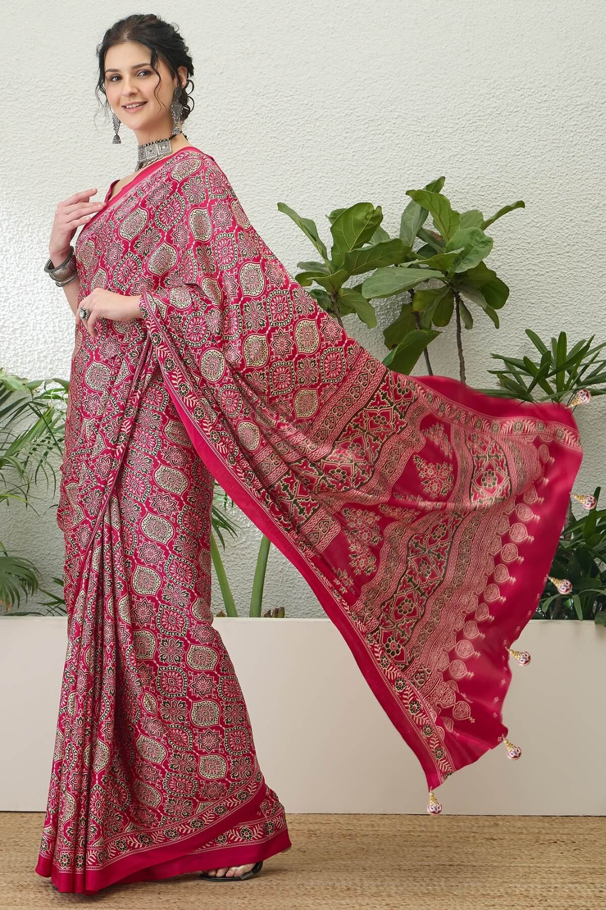 Snazzy Dark Pink Ajrakh Printed Semi Modal Silk Saree With Serendipity Blouse Piece