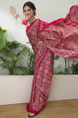 Snazzy Dark Pink Ajrakh Printed Semi Modal Silk Saree With Serendipity Blouse Piece