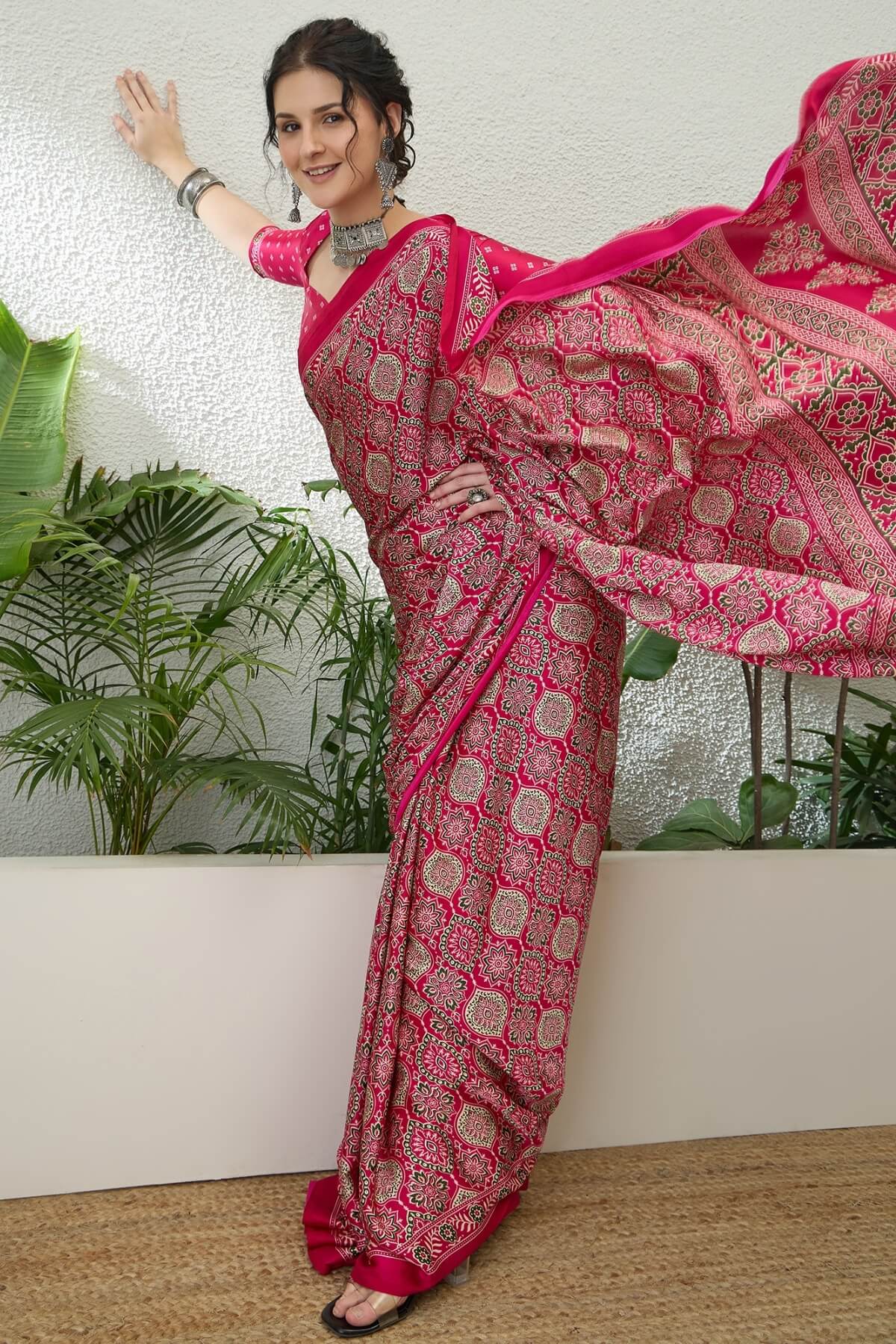 Snazzy Dark Pink Ajrakh Printed Semi Modal Silk Saree With Serendipity Blouse Piece