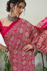 Snazzy Dark Pink Ajrakh Printed Semi Modal Silk Saree With Serendipity Blouse Piece