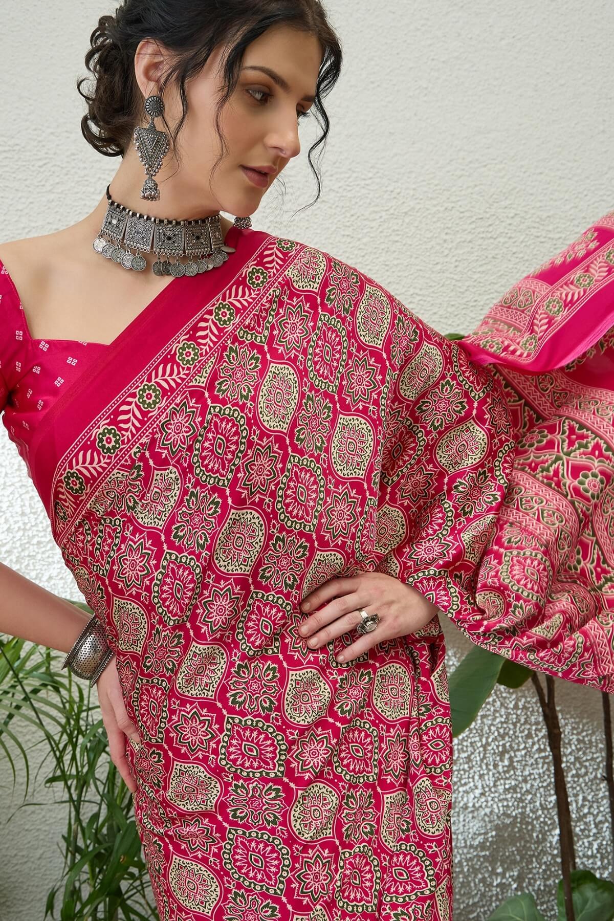 Snazzy Dark Pink Ajrakh Printed Semi Modal Silk Saree With Serendipity Blouse Piece