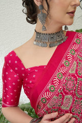 Snazzy Dark Pink Ajrakh Printed Semi Modal Silk Saree With Serendipity Blouse Piece