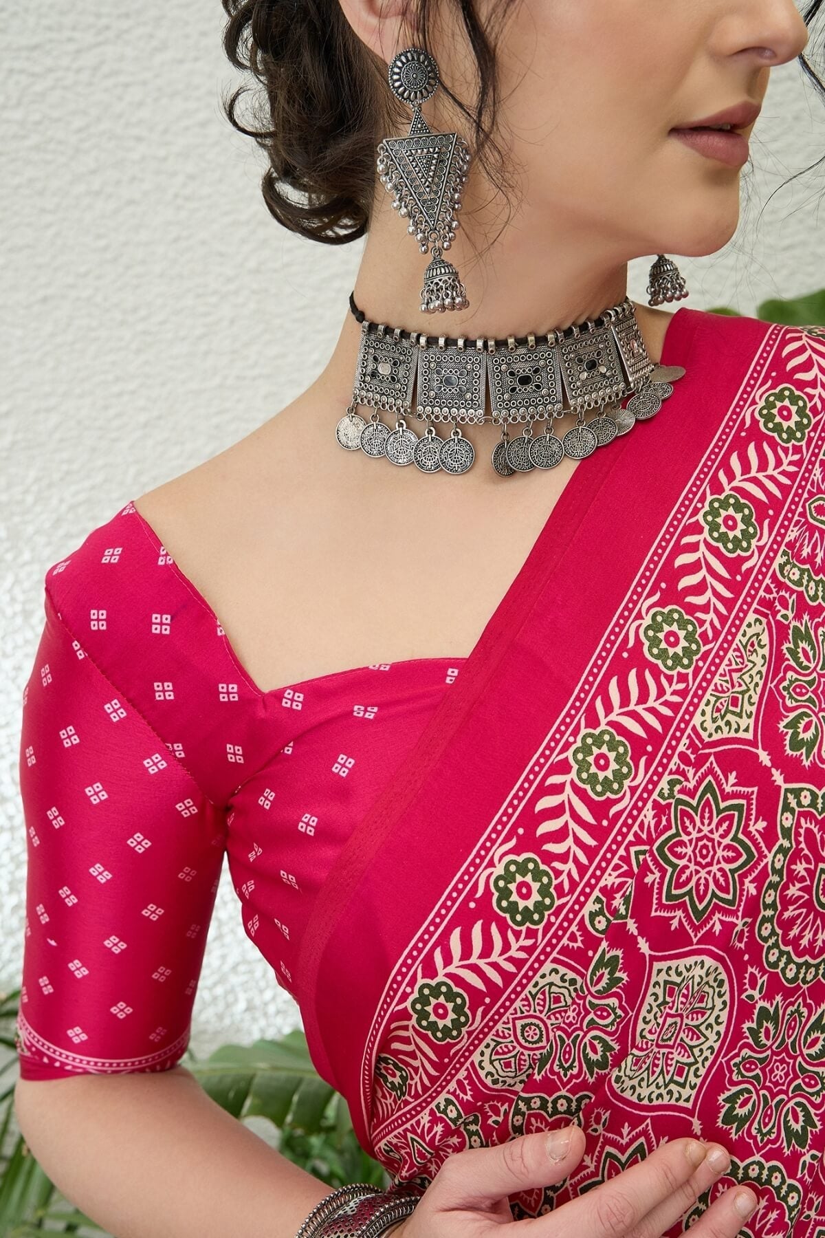 Snazzy Dark Pink Ajrakh Printed Semi Modal Silk Saree With Serendipity Blouse Piece