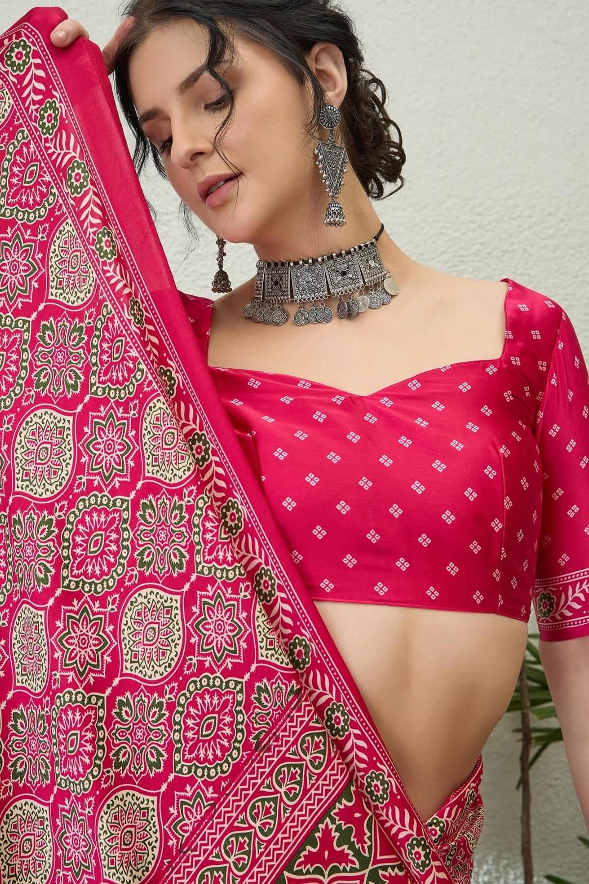 Snazzy Dark Pink Ajrakh Printed Semi Modal Silk Saree With Serendipity Blouse Piece