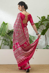 Snazzy Dark Pink Ajrakh Printed Semi Modal Silk Saree With Serendipity Blouse Piece