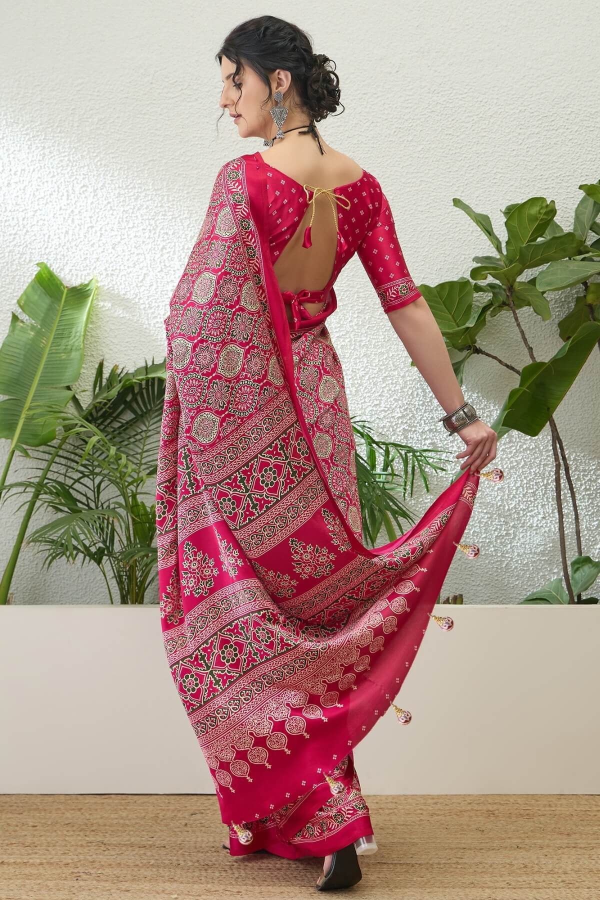 Snazzy Dark Pink Ajrakh Printed Semi Modal Silk Saree With Serendipity Blouse Piece