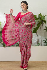 Snazzy Dark Pink Ajrakh Printed Semi Modal Silk Saree With Serendipity Blouse Piece