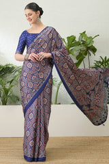 Sumptuous Navy Blue Ajrakh Printed Semi Modal Silk Saree With Stunning Blouse Piece