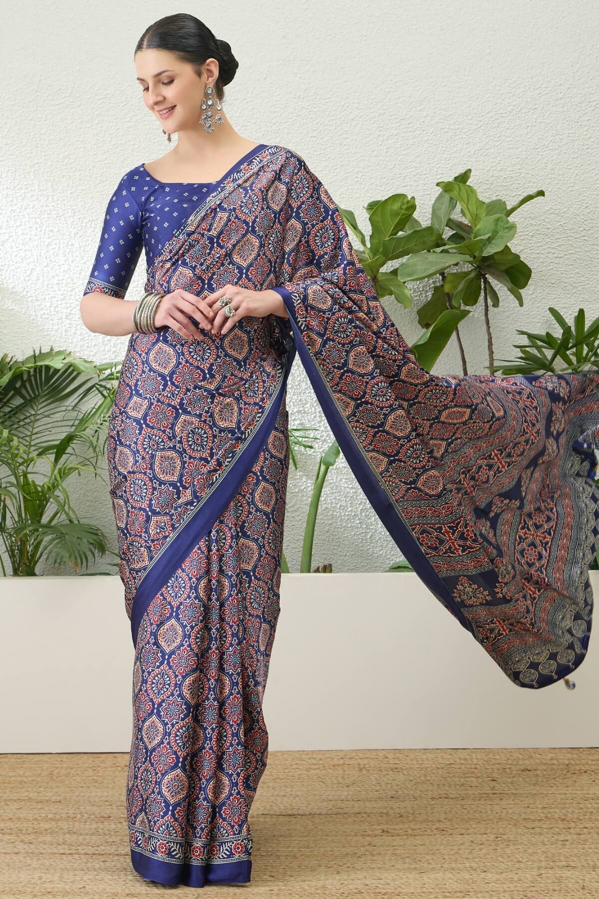 Sumptuous Navy Blue Ajrakh Printed Semi Modal Silk Saree With Stunning Blouse Piece