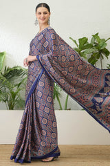 Sumptuous Navy Blue Ajrakh Printed Semi Modal Silk Saree With Stunning Blouse Piece