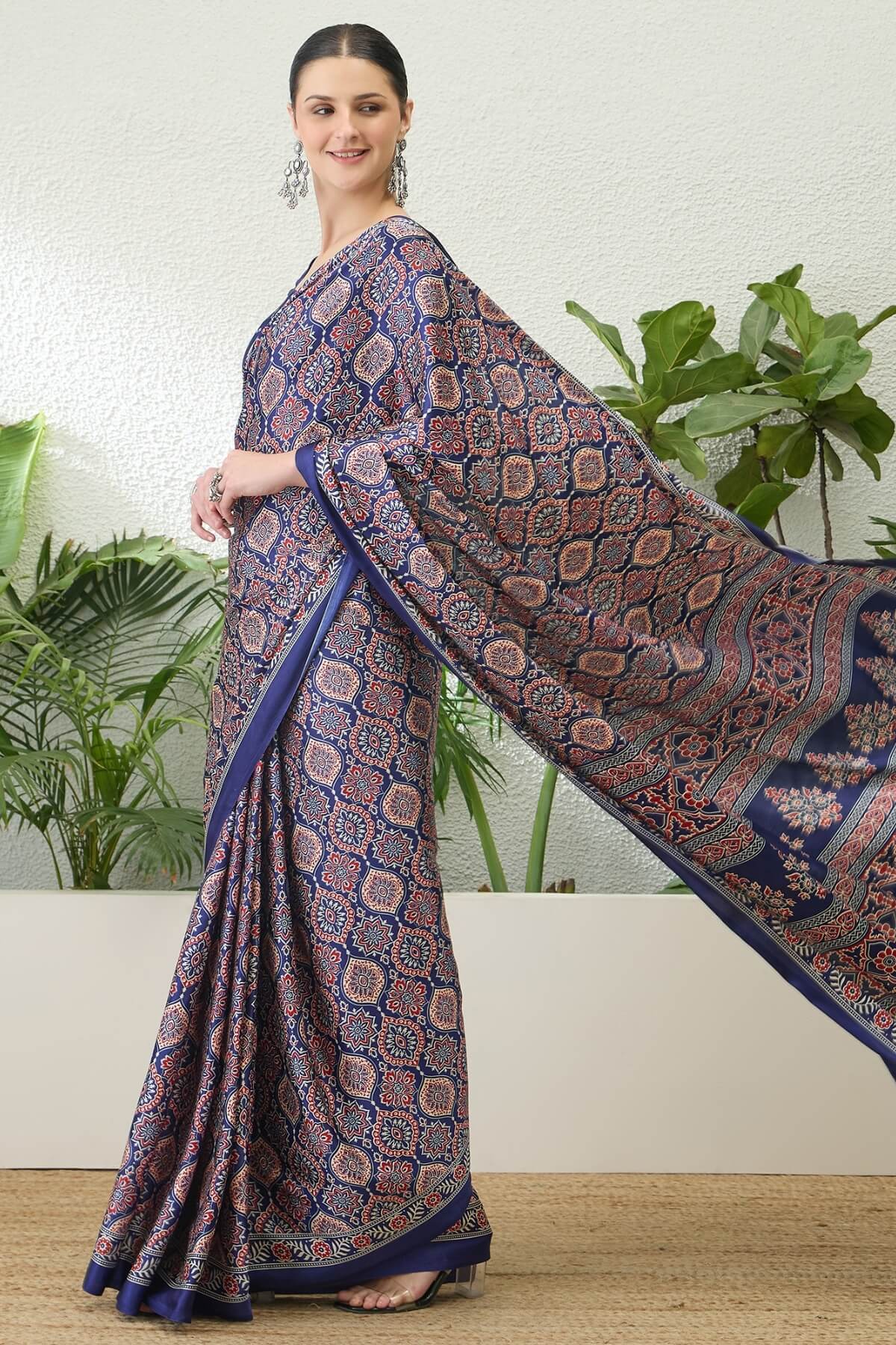 Sumptuous Navy Blue Ajrakh Printed Semi Modal Silk Saree With Stunning Blouse Piece