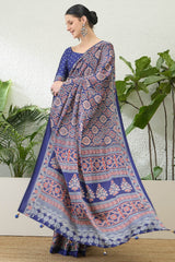 Sumptuous Navy Blue Ajrakh Printed Semi Modal Silk Saree With Stunning Blouse Piece