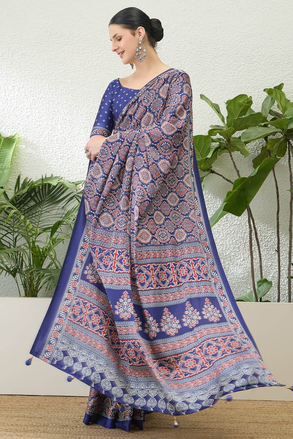 Sumptuous Navy Blue Ajrakh Printed Semi Modal Silk Saree With Stunning Blouse Piece
