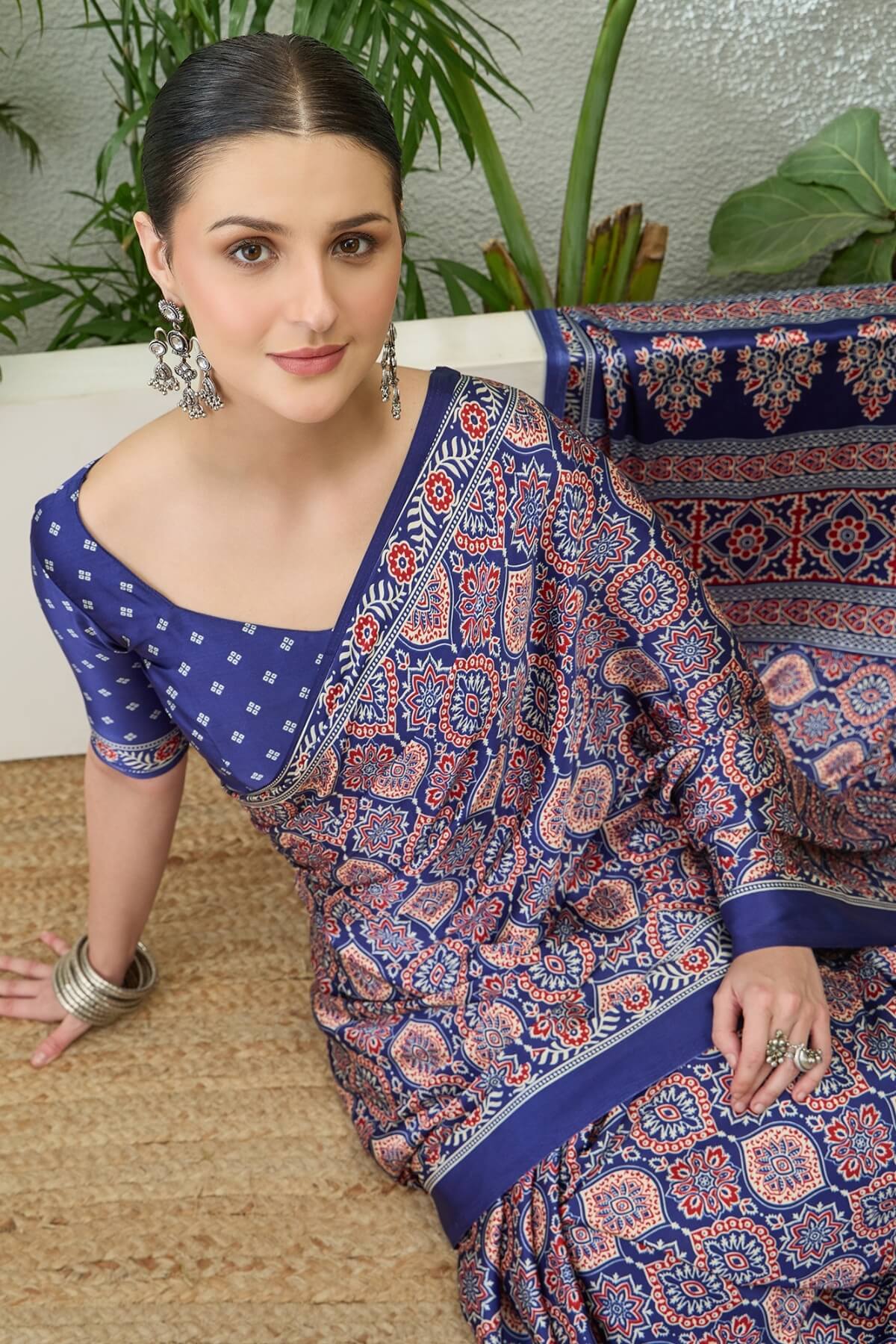 Sumptuous Navy Blue Ajrakh Printed Semi Modal Silk Saree With Stunning Blouse Piece