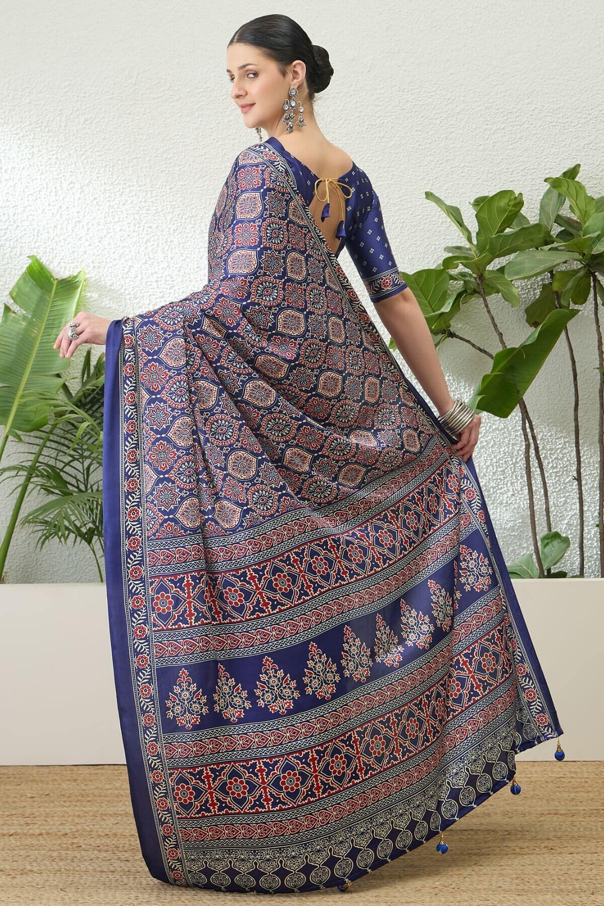 Sumptuous Navy Blue Ajrakh Printed Semi Modal Silk Saree With Stunning Blouse Piece