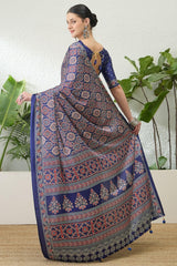 Sumptuous Navy Blue Ajrakh Printed Semi Modal Silk Saree With Stunning Blouse Piece
