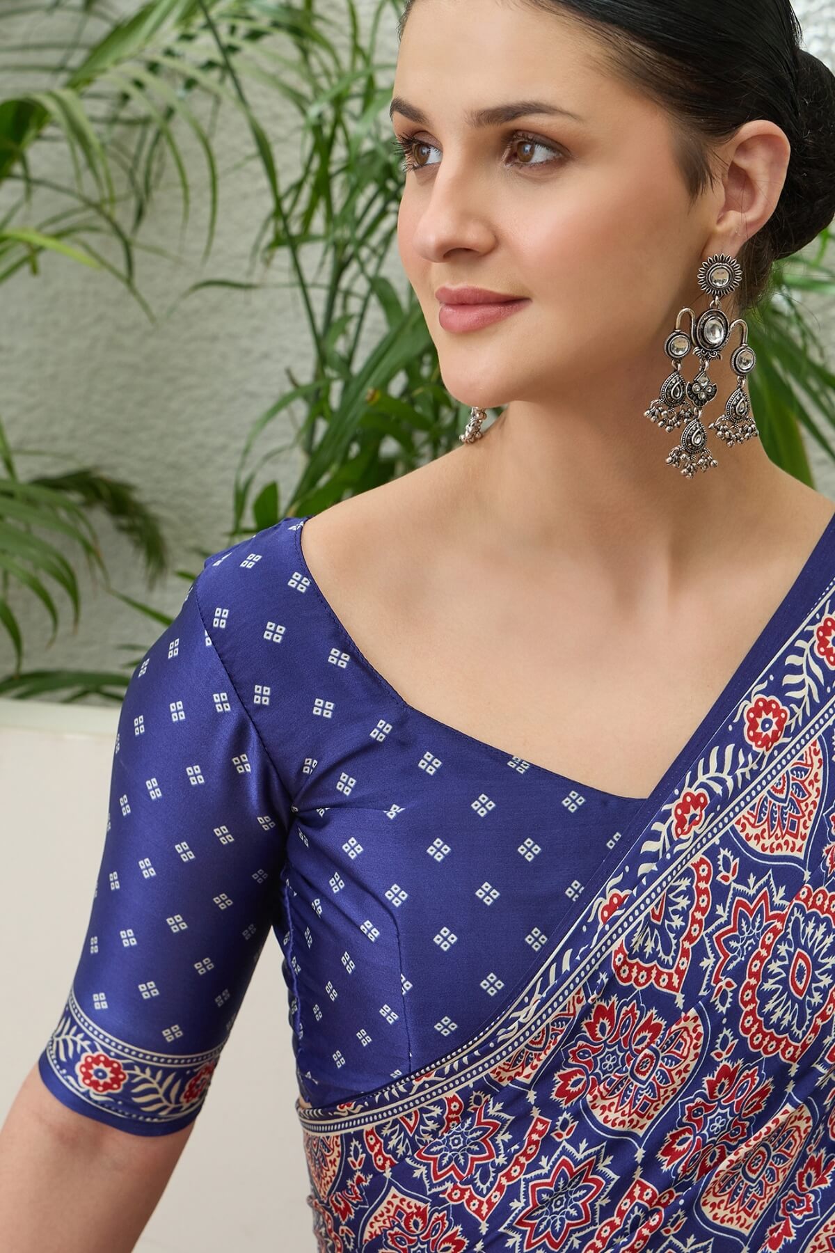 Sumptuous Navy Blue Ajrakh Printed Semi Modal Silk Saree With Stunning Blouse Piece