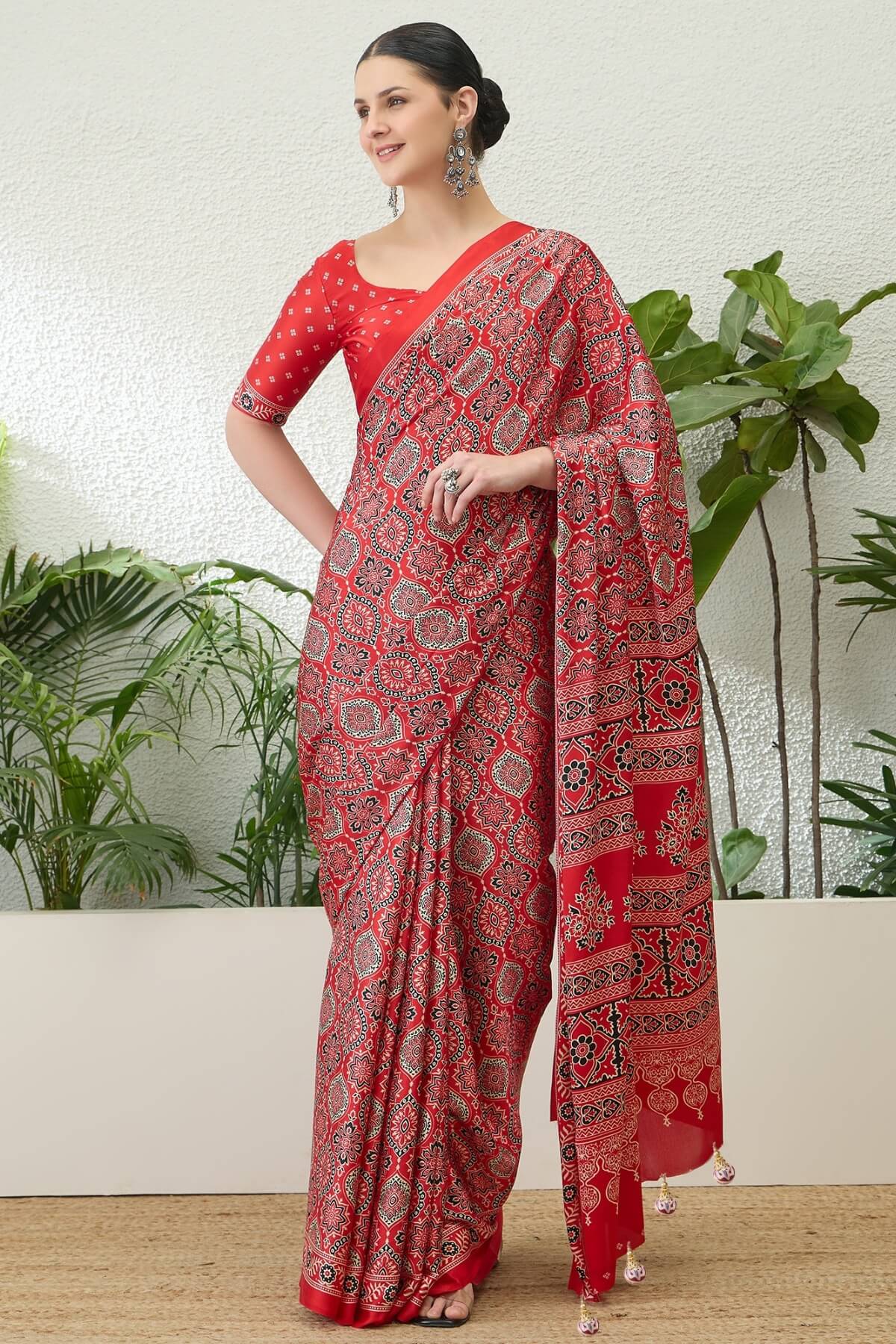 Sempiternal Red Ajrakh Printed Semi Modal Silk Saree With Innovative Blouse Piece